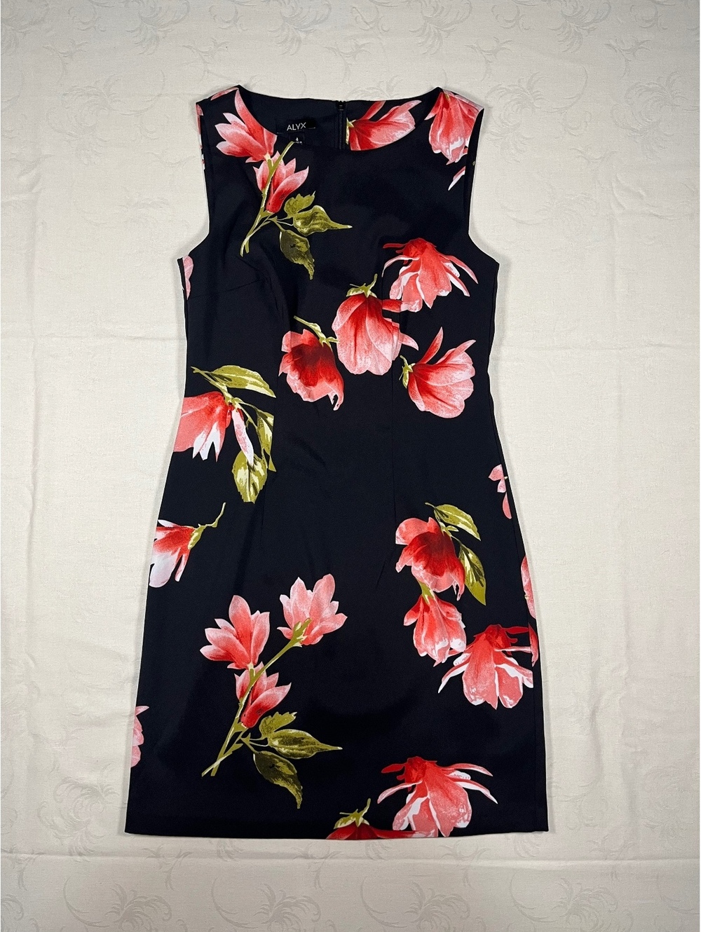 Womans Alyx Black Sleeveless Pink Floral Print Midi Casual Office Dress Size 4